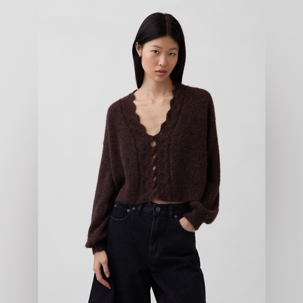 Fuzzy Pointelle Scalloped Crop Cardigan Sz XS